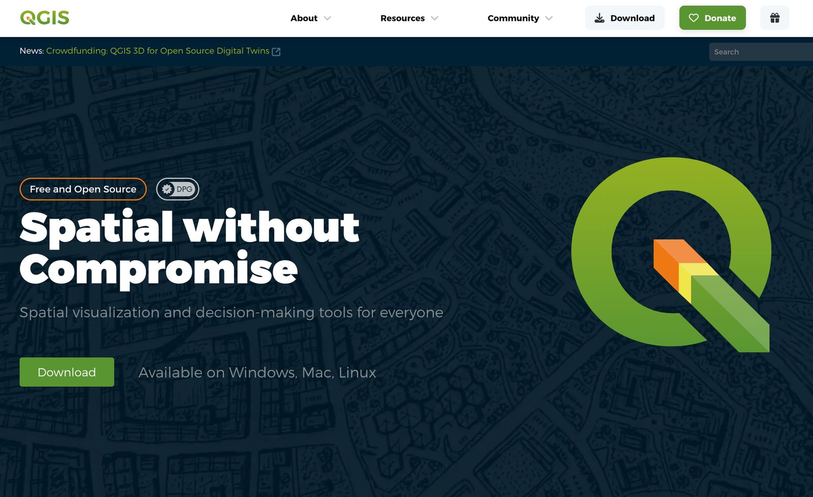 The official QGIS website, where QGIS is free to download and install (source: https://www.qgis.org/)