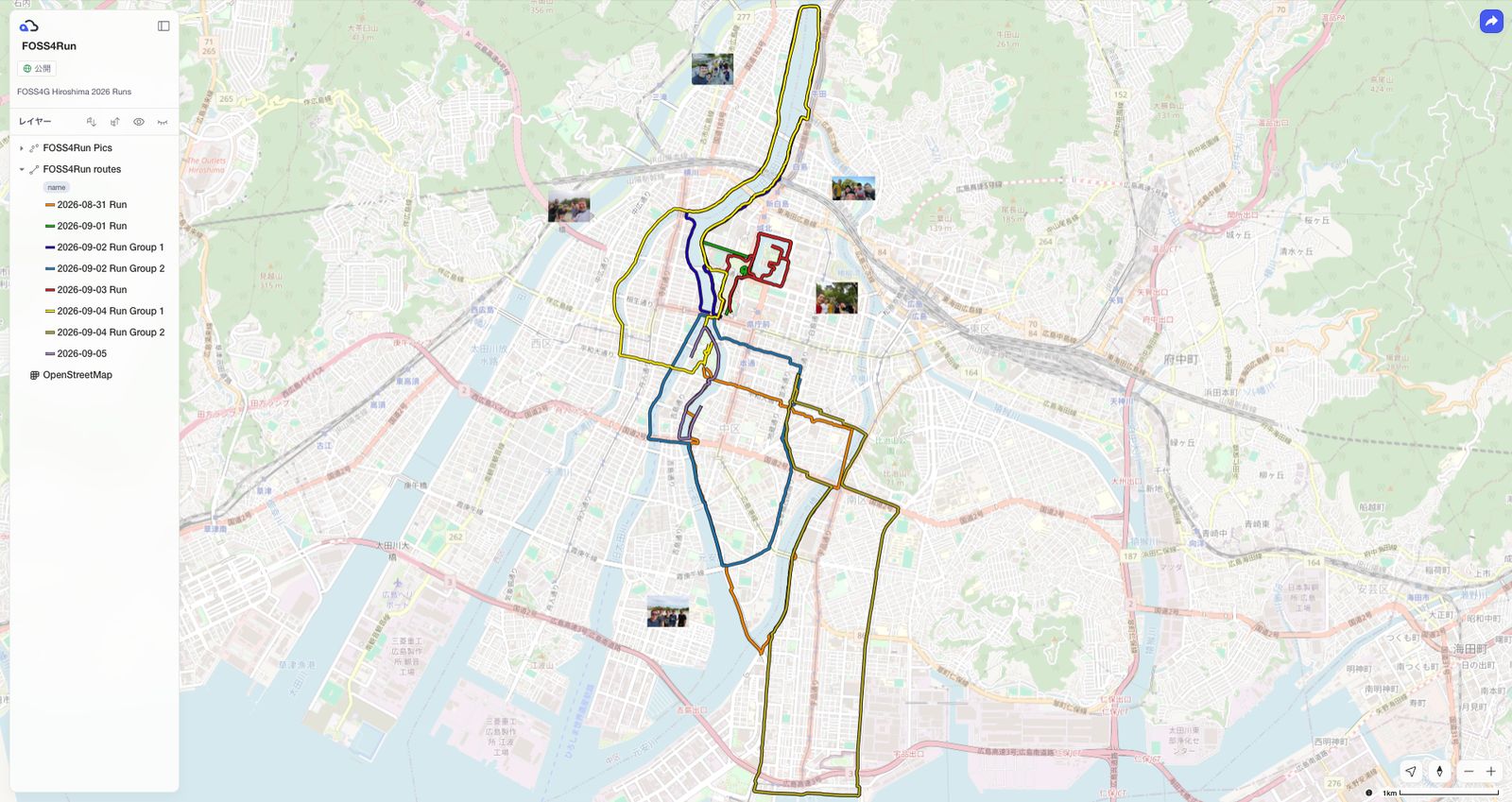 A Kumoy map of the log data from FOSS4Run, in which MIERUNE members took part