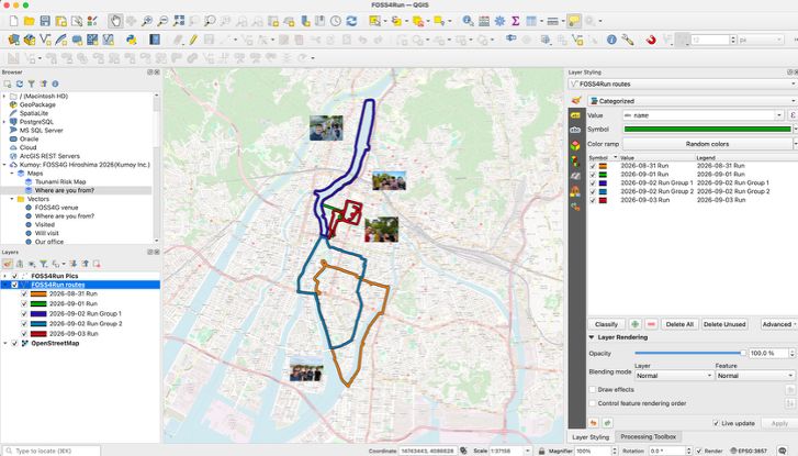 The FOSS4Run routes in QGIS before the presentation