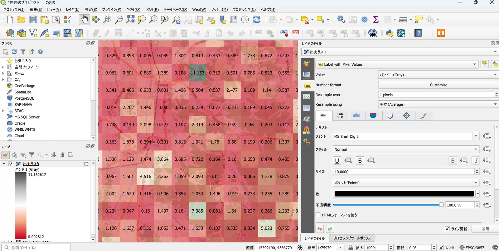 Raster band values displayed as labels (© OpenStreetMap contributors)