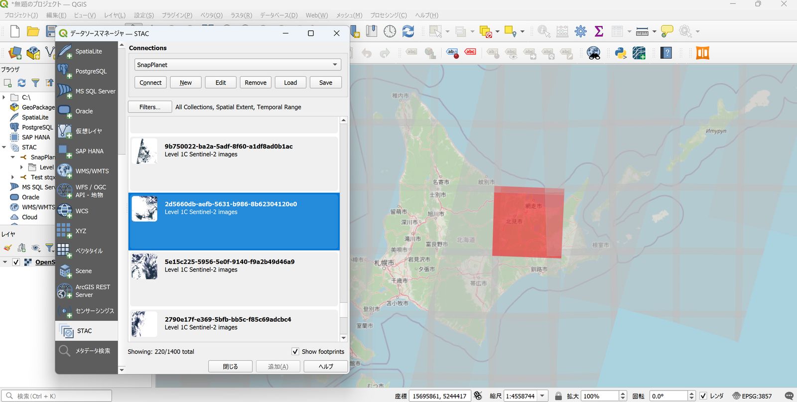Accessing a STAC data catalog from the Data Source Manager (© OpenStreetMap contributors, contains modified Copernicus Sentinel data 2024)