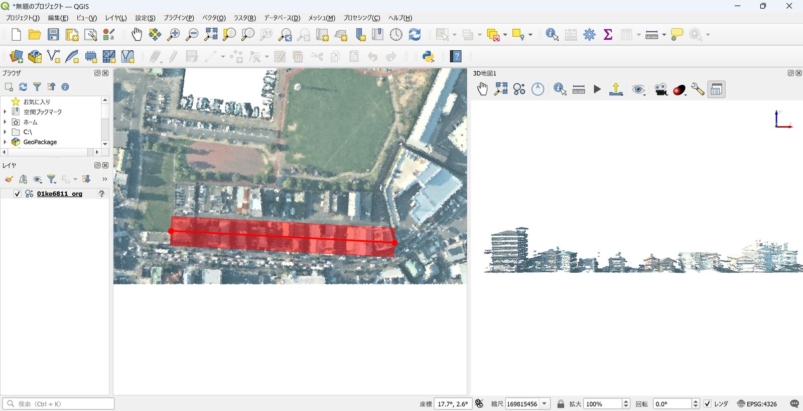 The cross-section tool in a 3D map view (Created by processing point cloud data from Open Nagasaki, Nagasaki Prefecture)