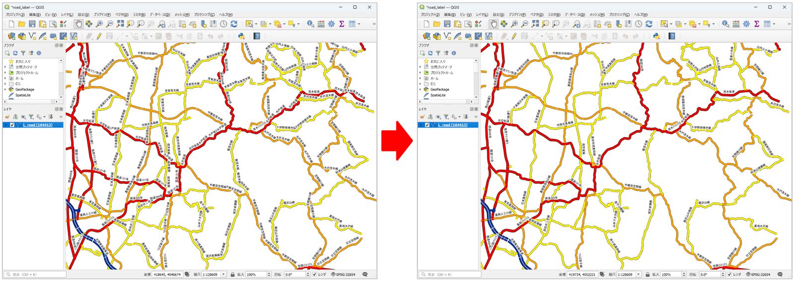 Without (left) and with (right) the Duplicate Labels option (© OpenStreetMap contributors)