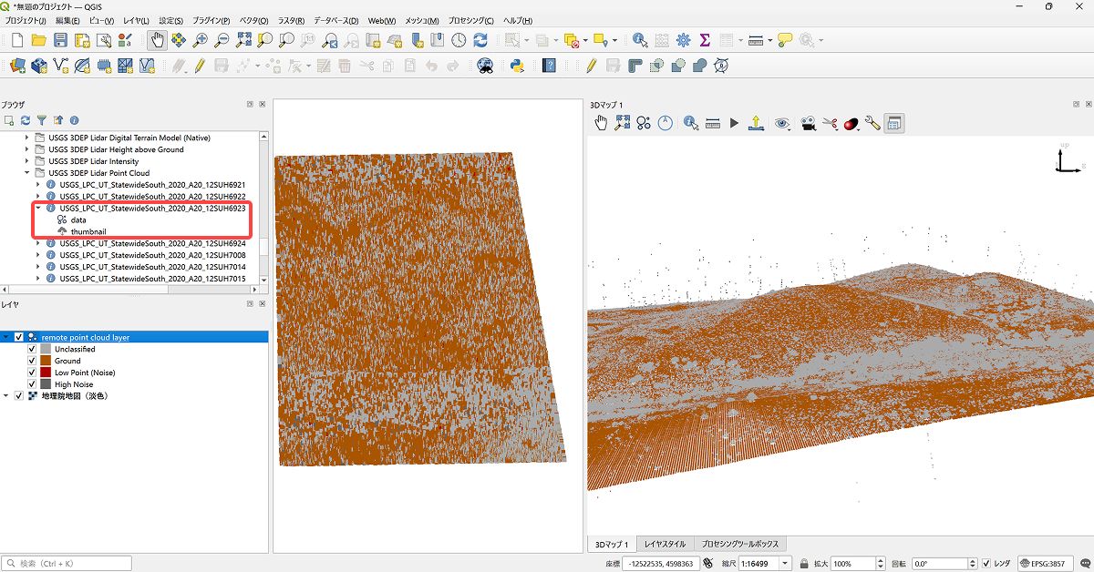 Example of STAC point cloud data displayed in QGIS