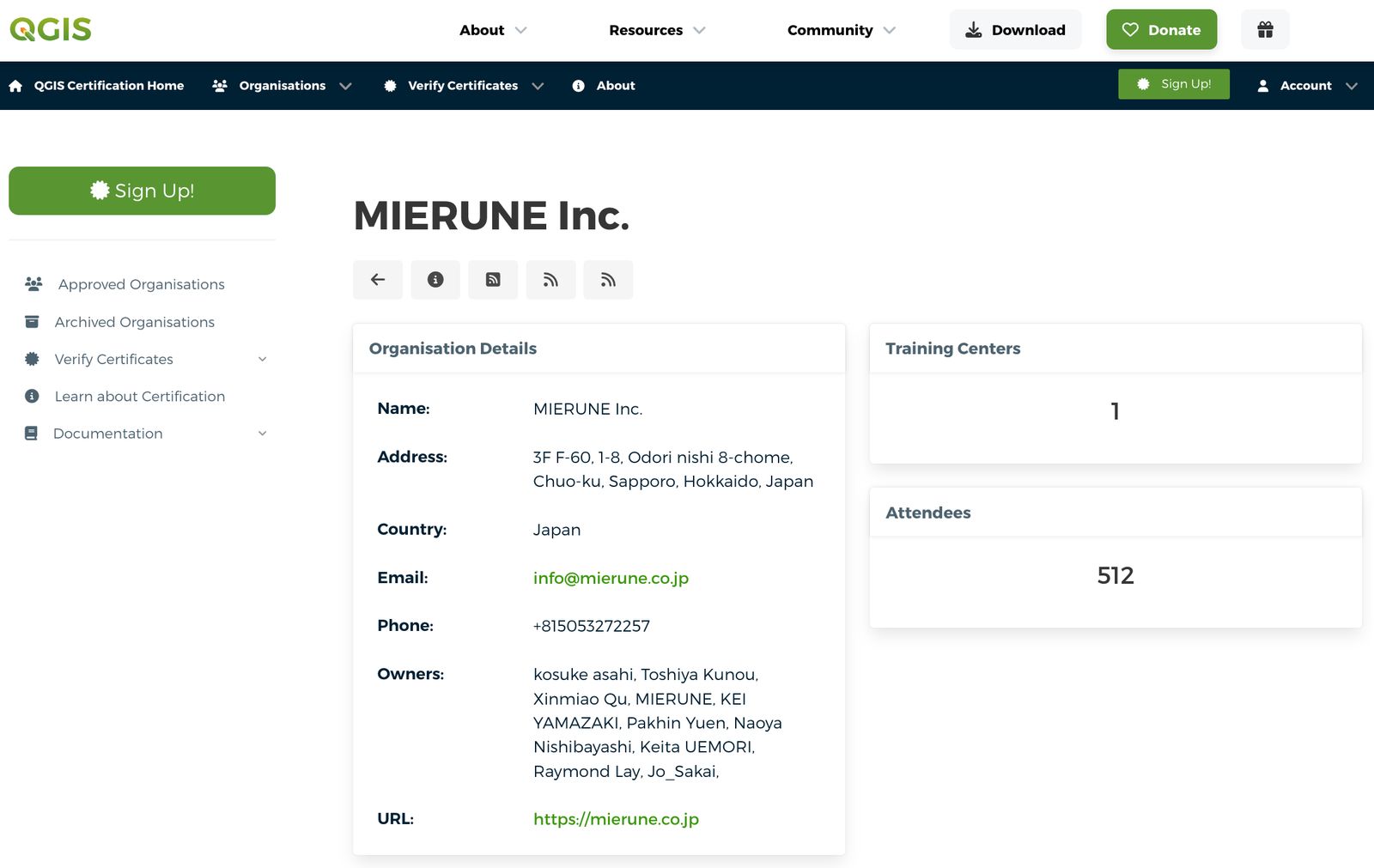 MIERUNE's certification page. Attendees shows the number of certificates issued