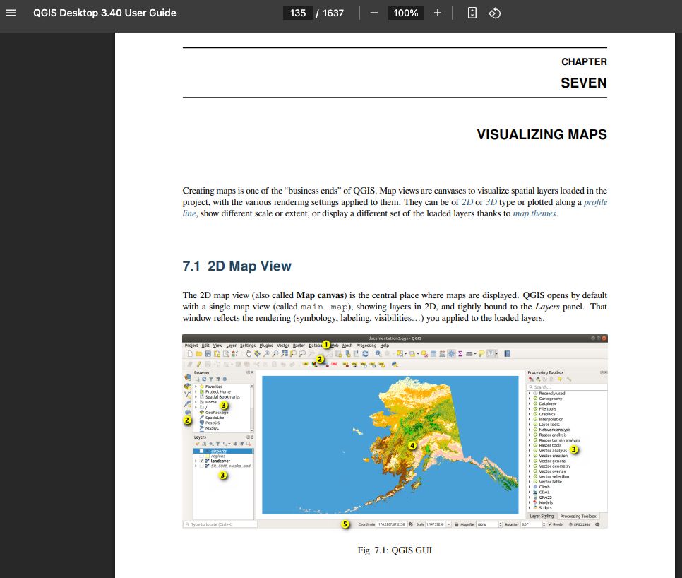 QGIS also publishes an official manual, but it runs to 1,637 pages. That shows how many features QGIS has. (Source: https://docs.qgis.org/3.40/pdf/en/QGIS-3.40-DesktopUserGuide-en.pdf)