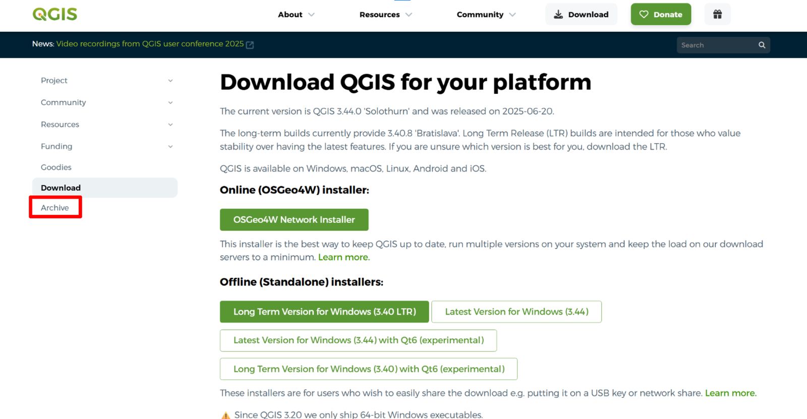 Click Archive on the QGIS download page