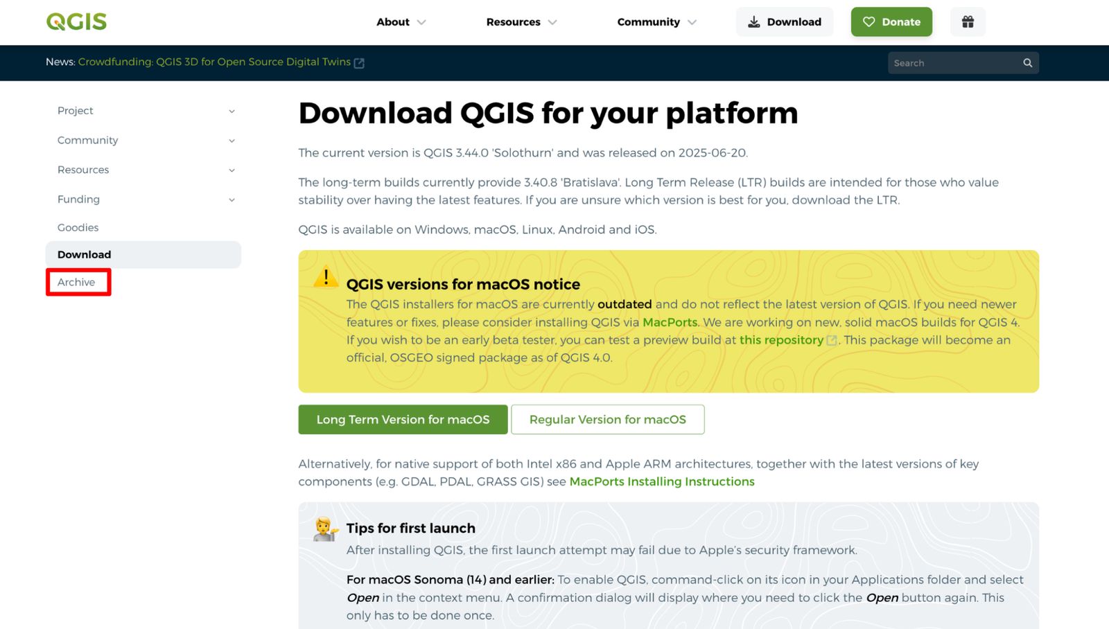 Click Archive on the QGIS download page
