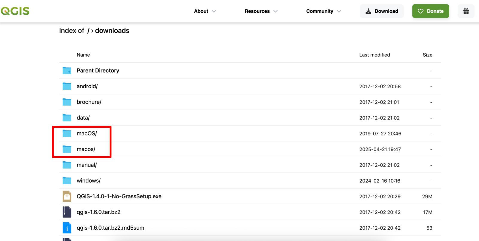 The macOS or macos folder in the list of QGIS installers