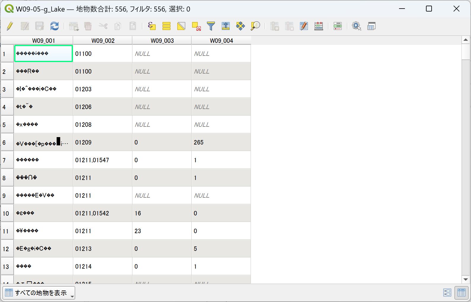 The attribute table shows garbled text. Created by processing Global Map Japan (GSI).