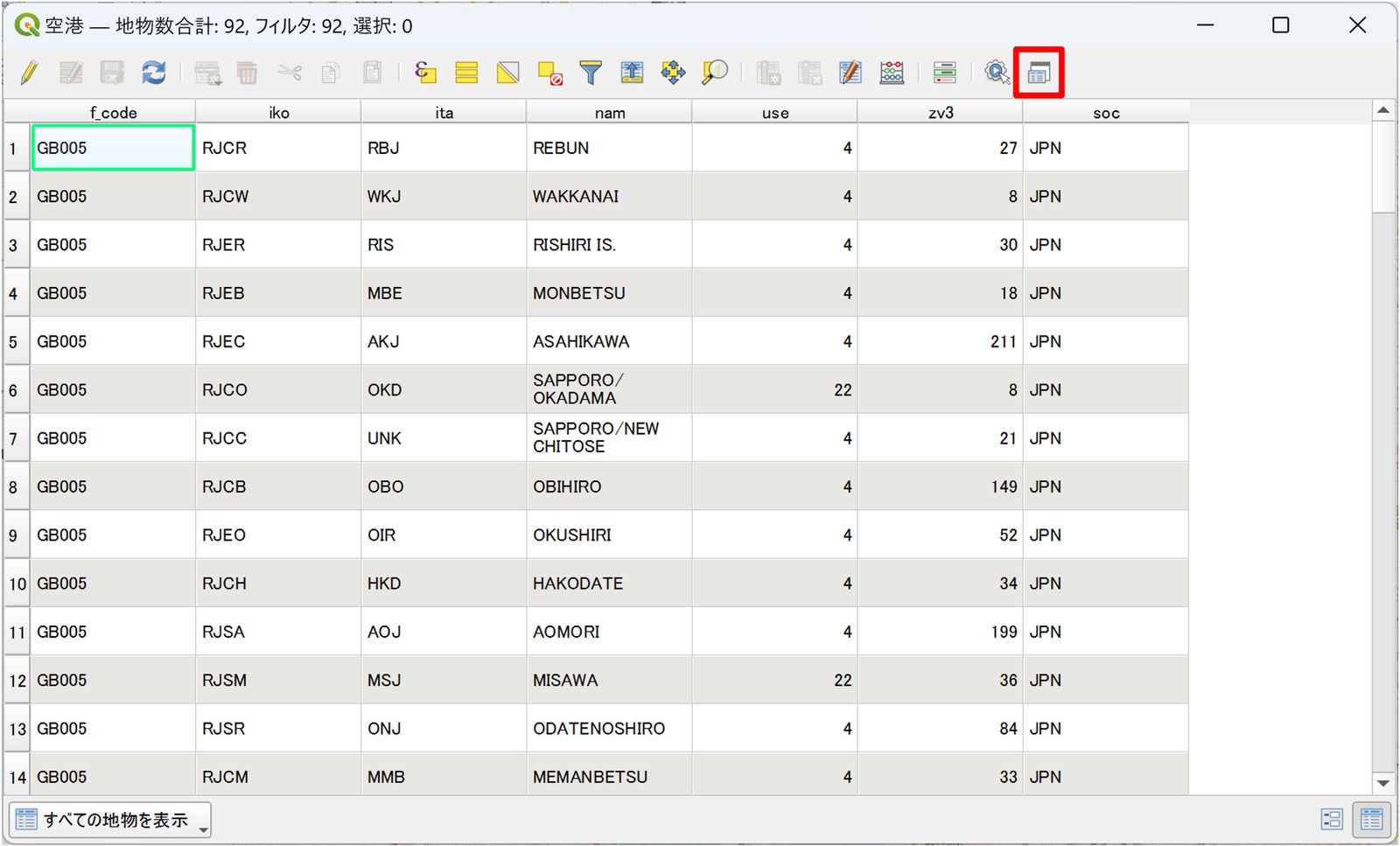 Click the Dock Attribute Table button. Created by processing Global Map Japan (GSI).