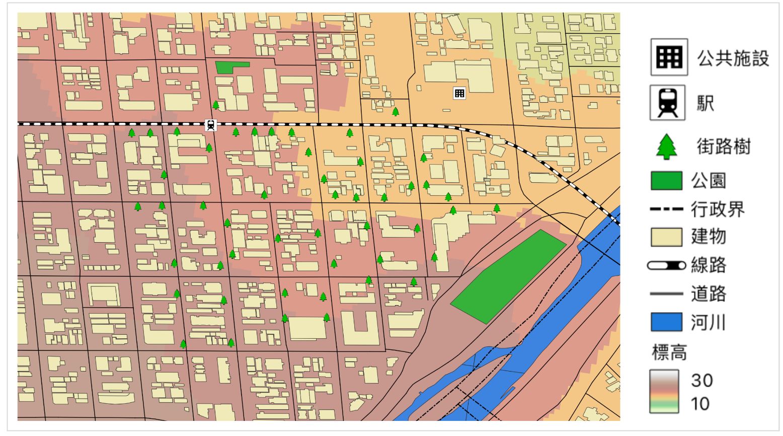Representation of things and phenomena in GIS (created by processing Fundamental Geospatial Data from the Geospatial Information Authority of Japan (GSI) and GSI Maps Vector)
