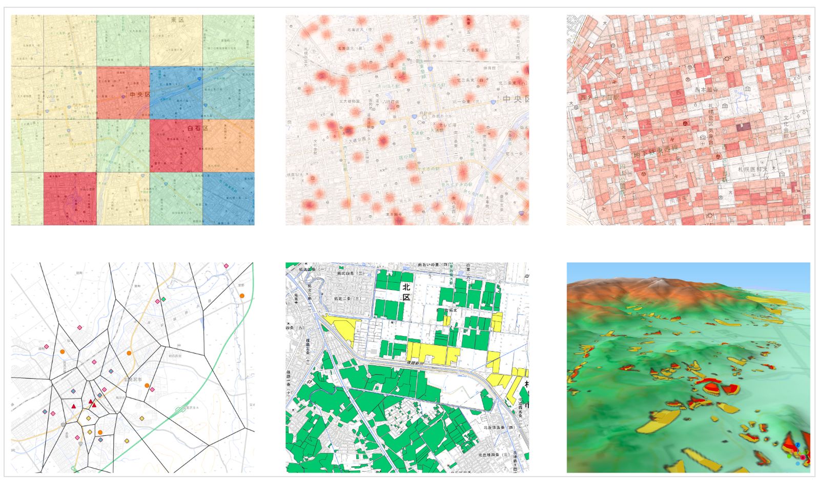 Example of data visualization in GIS (created by processing Fundamental Geospatial Data (GSI), GSI Tiles (GSI), “2020 Population Census Results” (Ministry of Internal Affairs and Communications), “National Land Numerical Information (Sediment Disaster Warning Area Data)” (Ministry of Land, Infrastructure, Transport and Tourism), and “Fude Polygon Data (published in fiscal year 2021)” (Ministry of Agriculture, Forestry and Fisheries))
