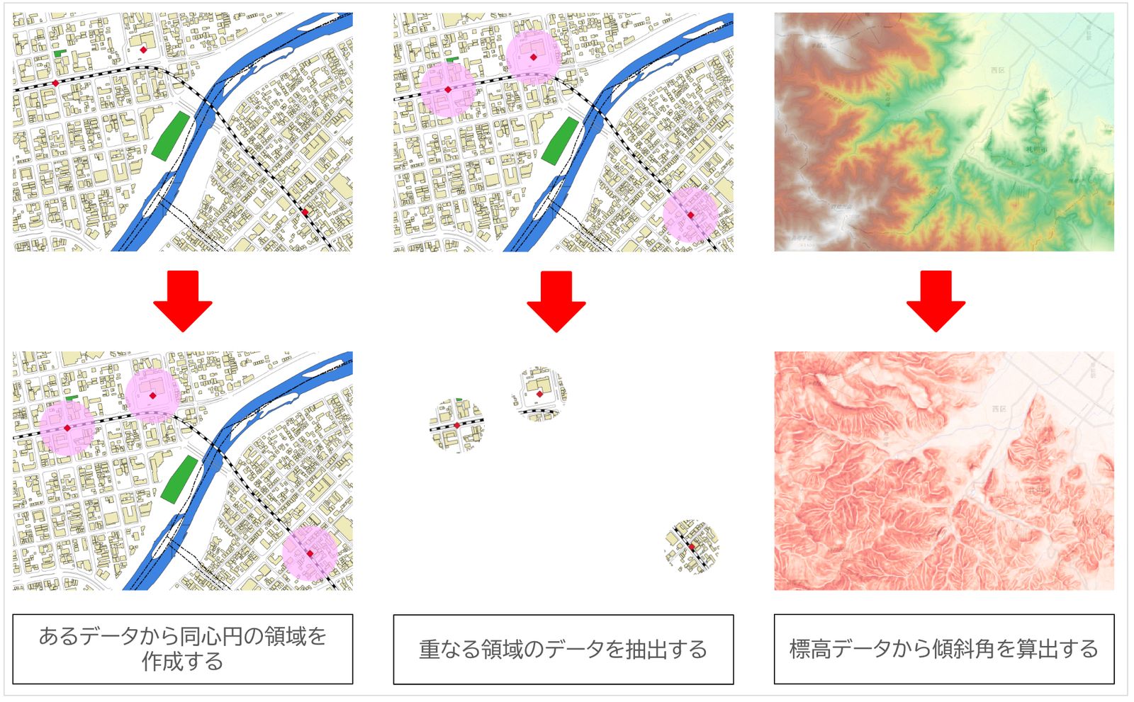 Example of analysis processing (created by processing Fundamental Geospatial Data (National Land Numerical Information) over a GSI Tiles background)