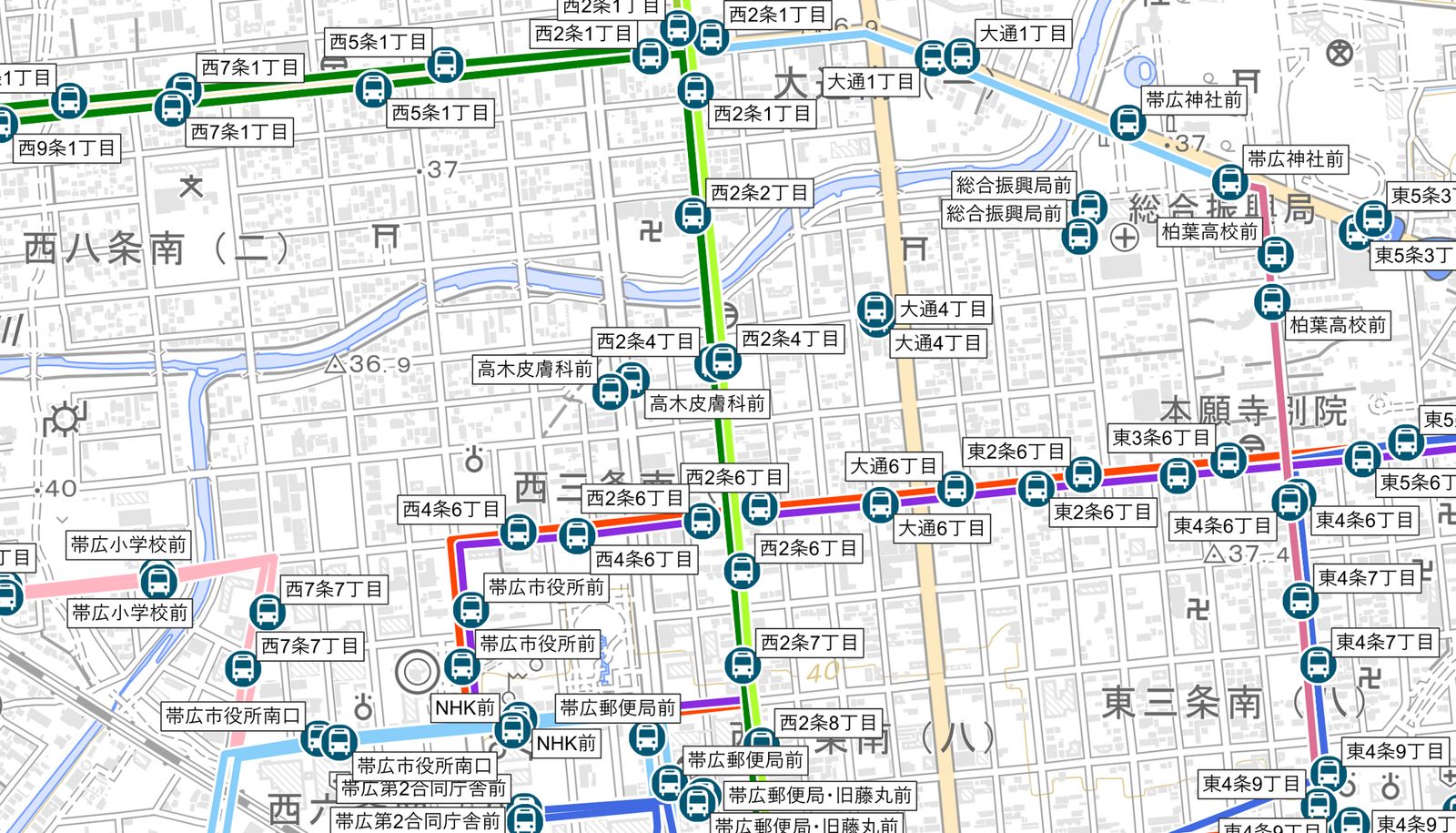Visualization of transportation data (created by processing GTFS data (Tokachi Bus) over a GSI Tiles background)