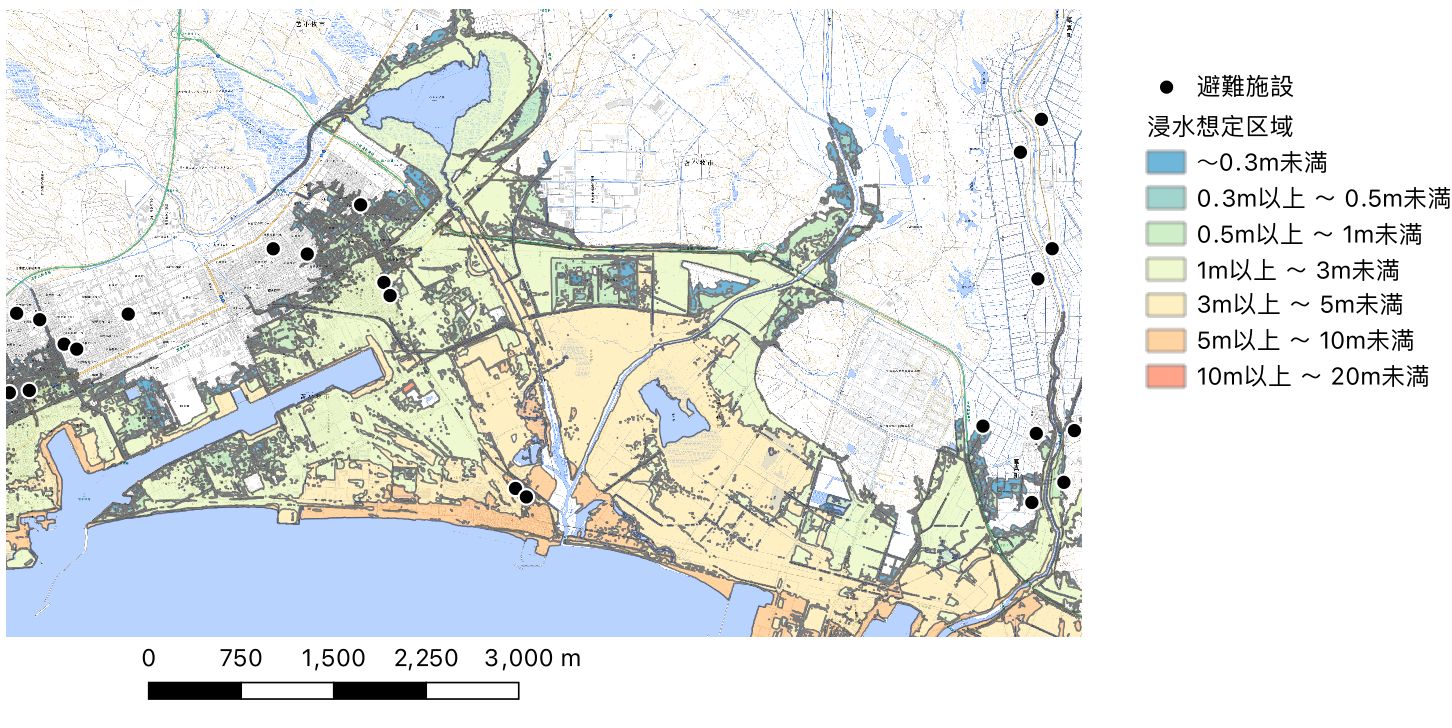 Example of a hazard map (created by processing “National Land Numerical Information (Tsunami Inundation Assumption Data)” (Ministry of Land, Infrastructure, Transport and Tourism) over a GSI Tiles background)