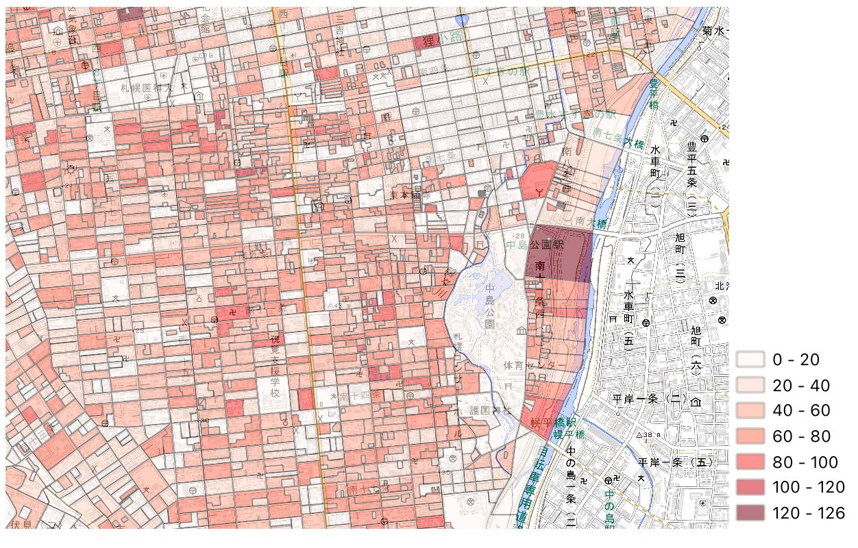 Visualization of household distribution by district (created by processing “2020 Population Census Results” (Ministry of Internal Affairs and Communications) over a GSI Tiles background)