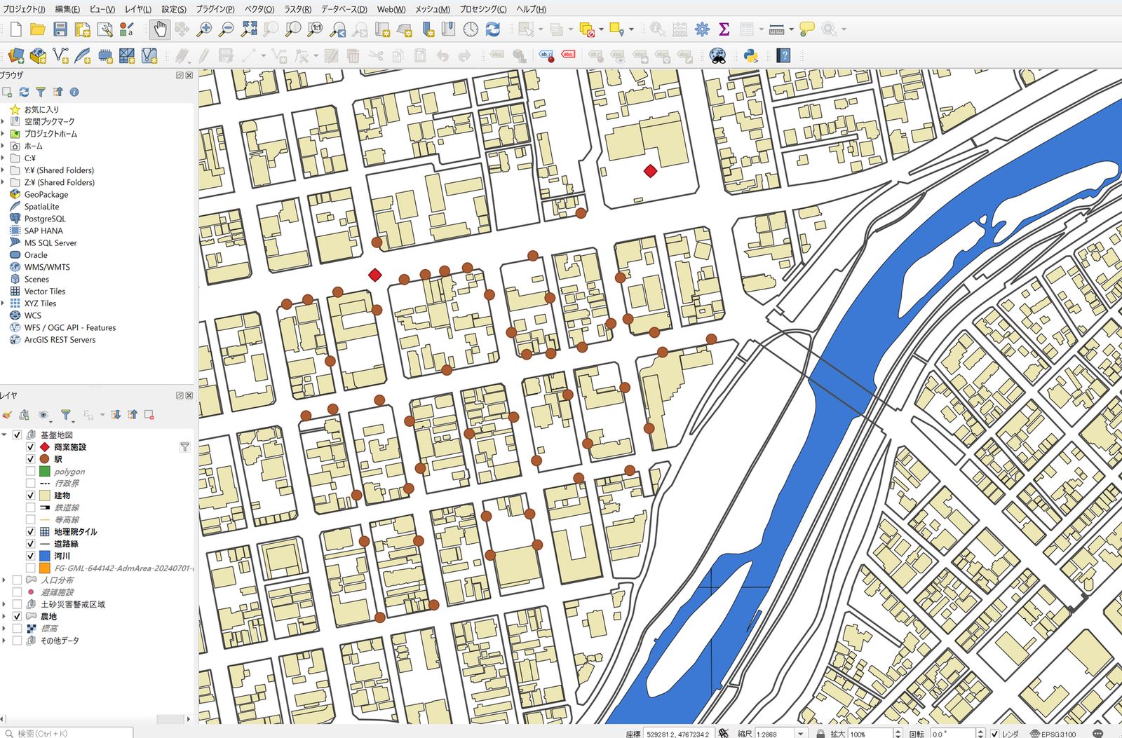 The QGIS window (created by processing Fundamental Geospatial Data (GSI) and GSI Maps Vector)