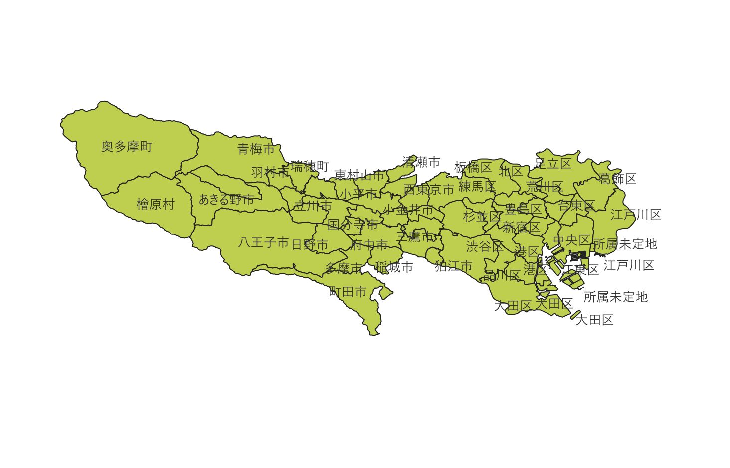 At a large scale, the labels make the map hard to see (Created by processing “National Land Numerical Information (Administrative Area Data)” (Ministry of Land, Infrastructure, Transport and Tourism))