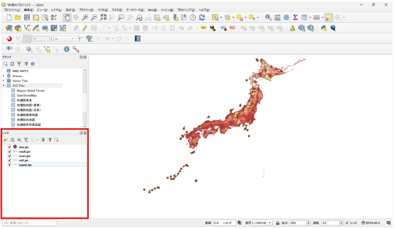 The Layers panel appears at the bottom left of the window (adapted from Global Map Japan, Geospatial Information Authority of Japan (GSI))