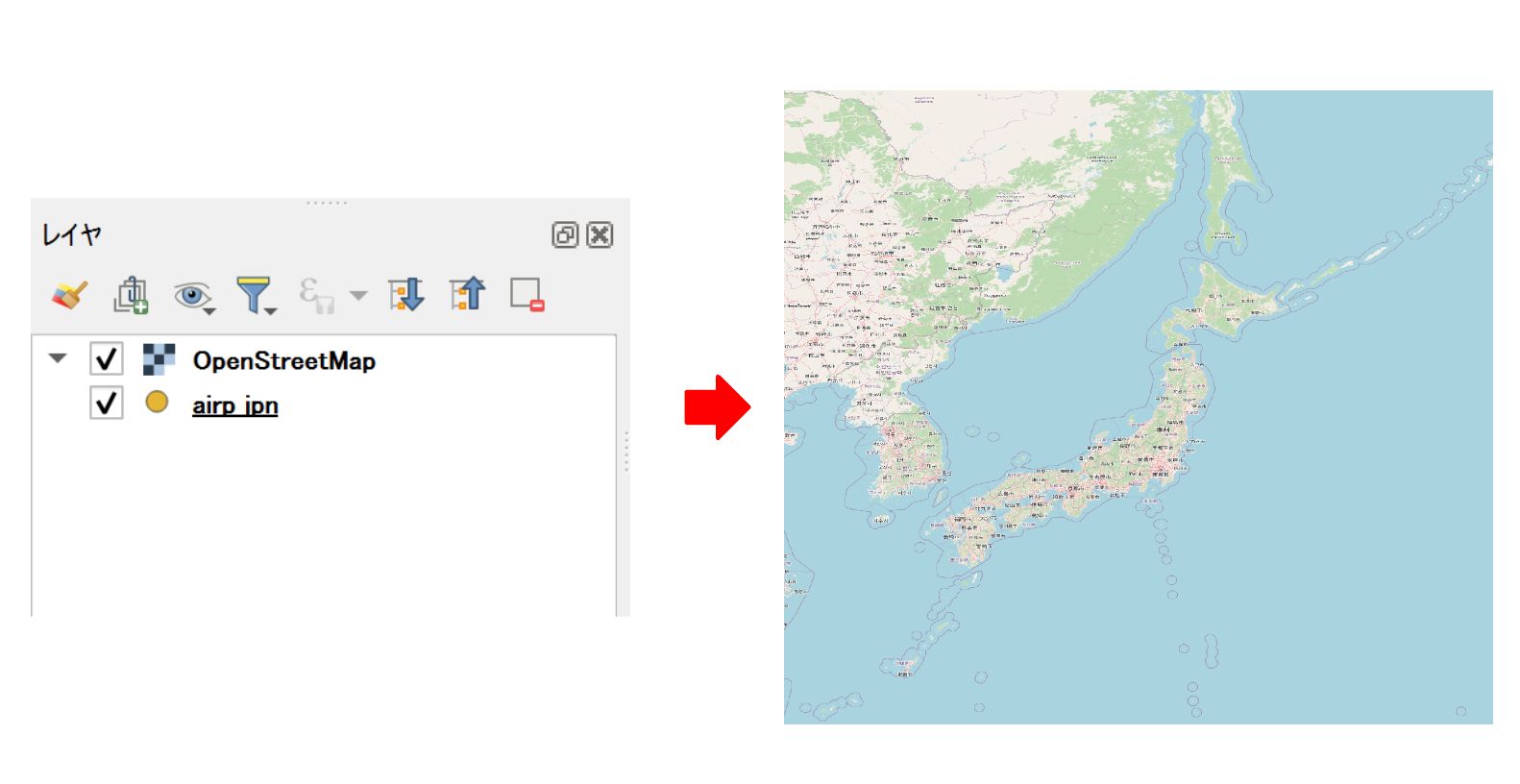 The layer higher in the Layers panel is drawn on top (created with an OpenStreetMap background, © OpenStreetMap contributors)