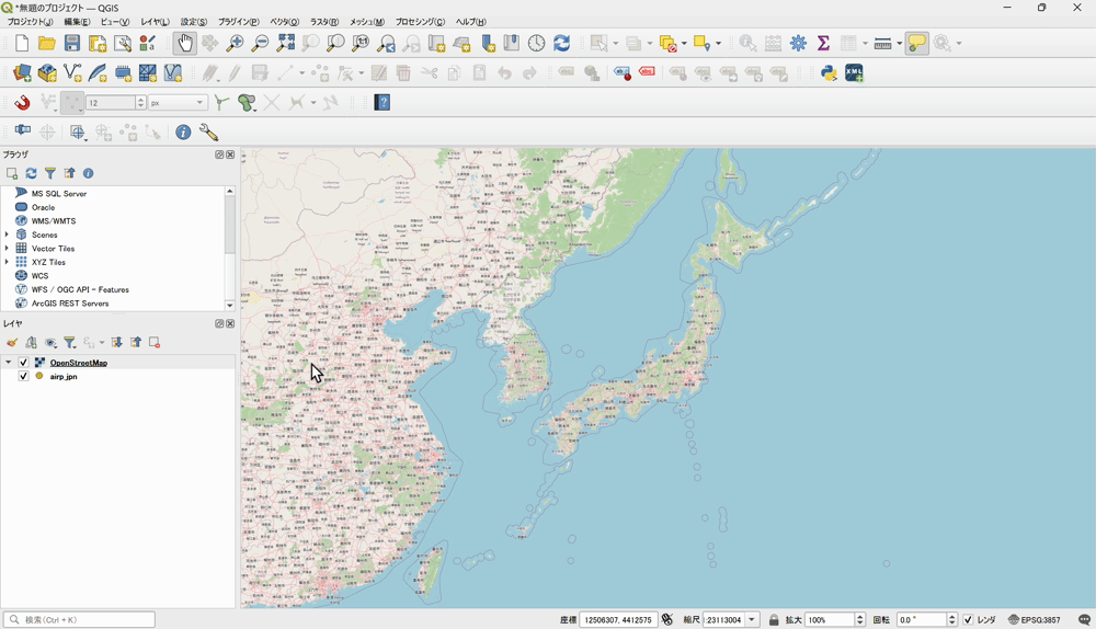 Moving OpenStreetMap down makes the airport layer appear (adapted from Global Map Japan, GSI, with an OpenStreetMap background, © OpenStreetMap contributors)