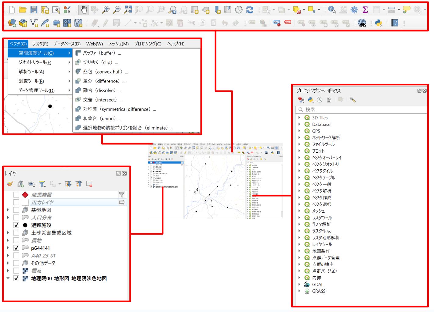 The QGIS window. You can run operations from the menu bar and intuitive icons