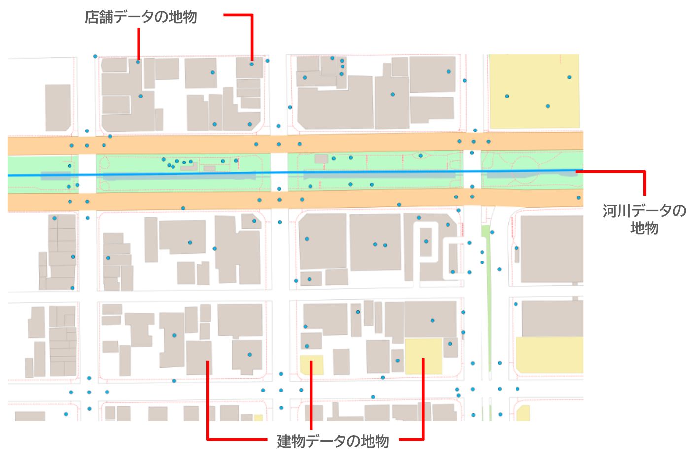 Each individual object is called a feature (created using OpenStreetMap (©OpenStreetMap contributors))