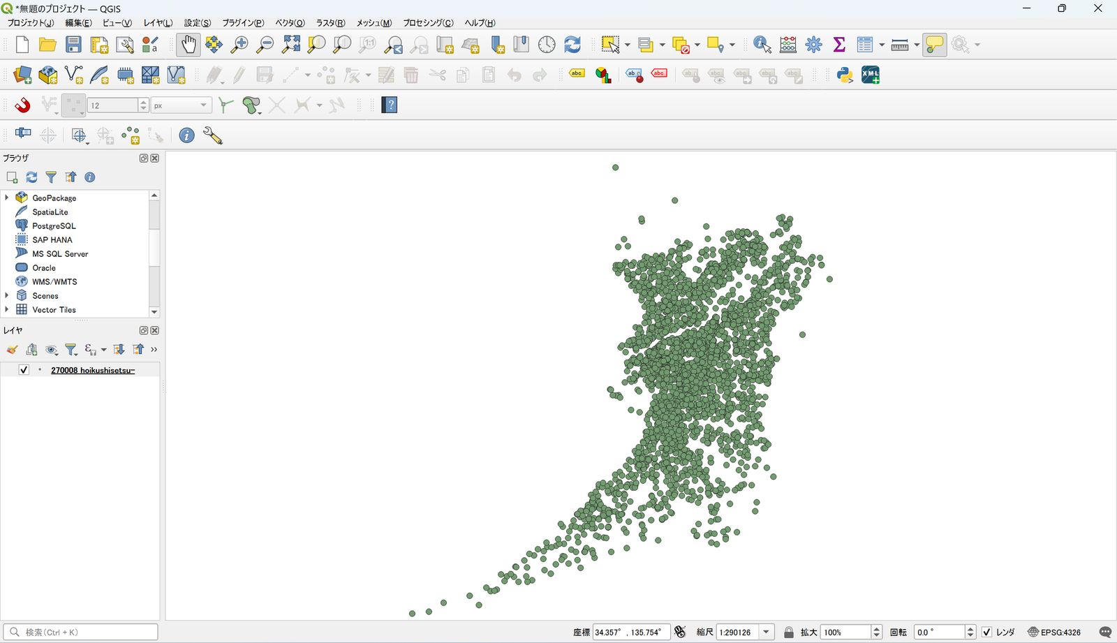 The point data is added to the map canvas (created by processing “List of Childcare Facilities in Osaka Prefecture” from the Osaka Prefecture Open Data Catalog Site)