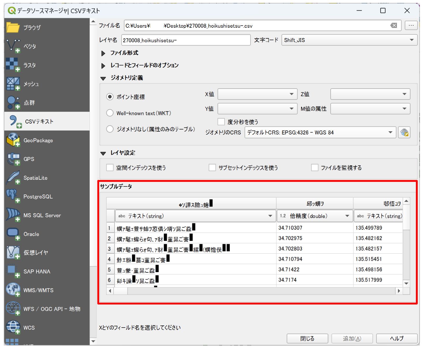 The Sample Data area shows garbled text (created by processing “List of Childcare Facilities in Osaka Prefecture” from the Osaka Prefecture Open Data Catalog Site)