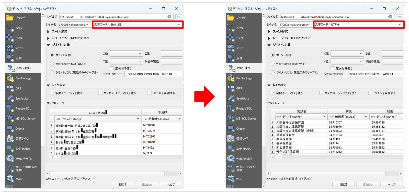 Changing the encoding to UTF-8 fixes the garbled text (created by processing “List of Childcare Facilities in Osaka Prefecture” from the Osaka Prefecture Open Data Catalog Site)