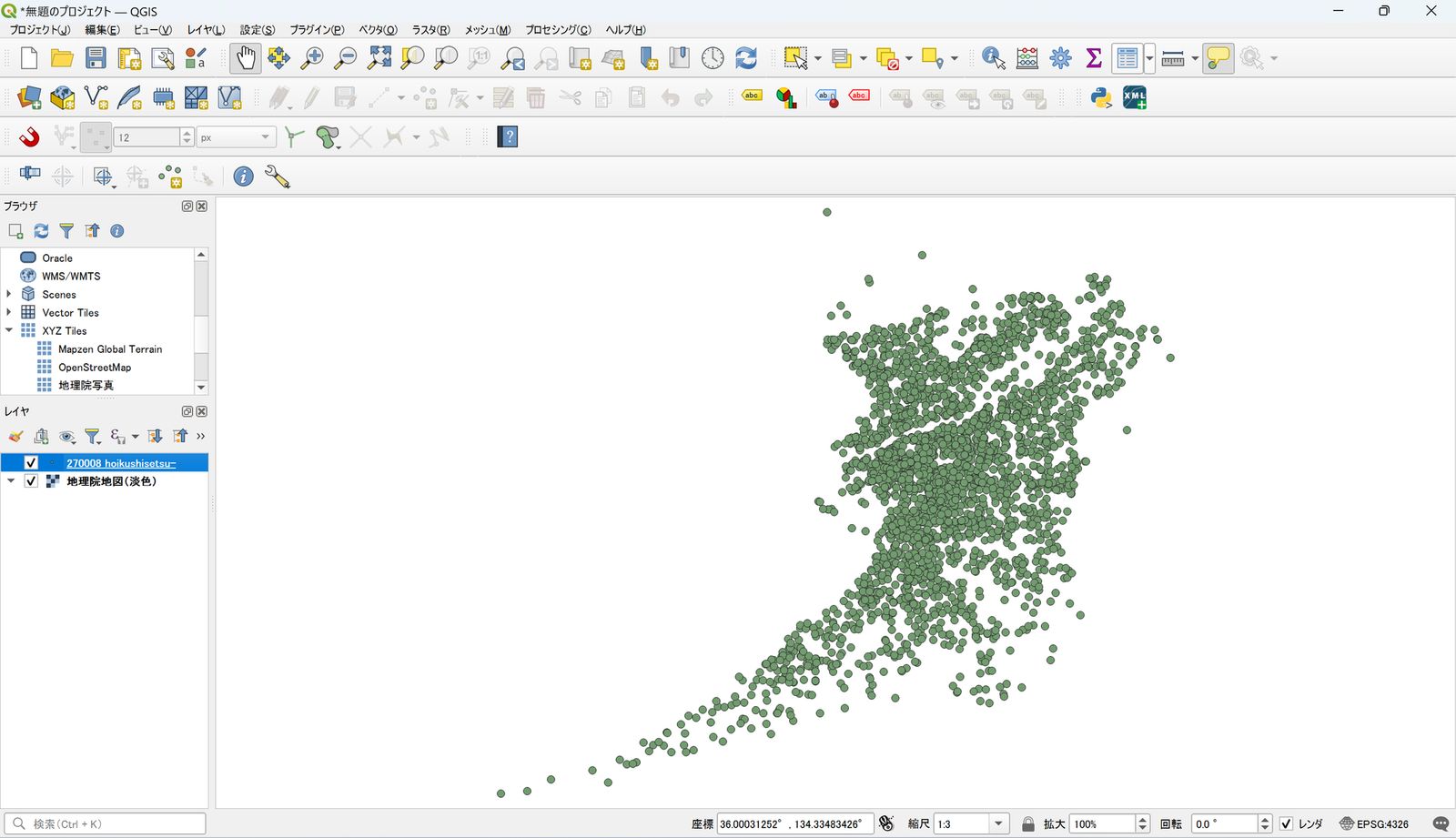 The points do not overlap the base map (created by processing “List of Childcare Facilities in Osaka Prefecture” from the Osaka Prefecture Open Data Catalog Site)