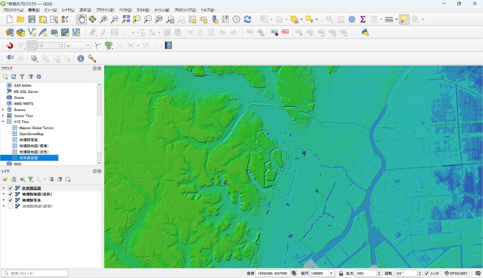 The GSI “Color-Coded Elevation Map” showing the area around Tokyo Station (created by processing GSI Tiles)
