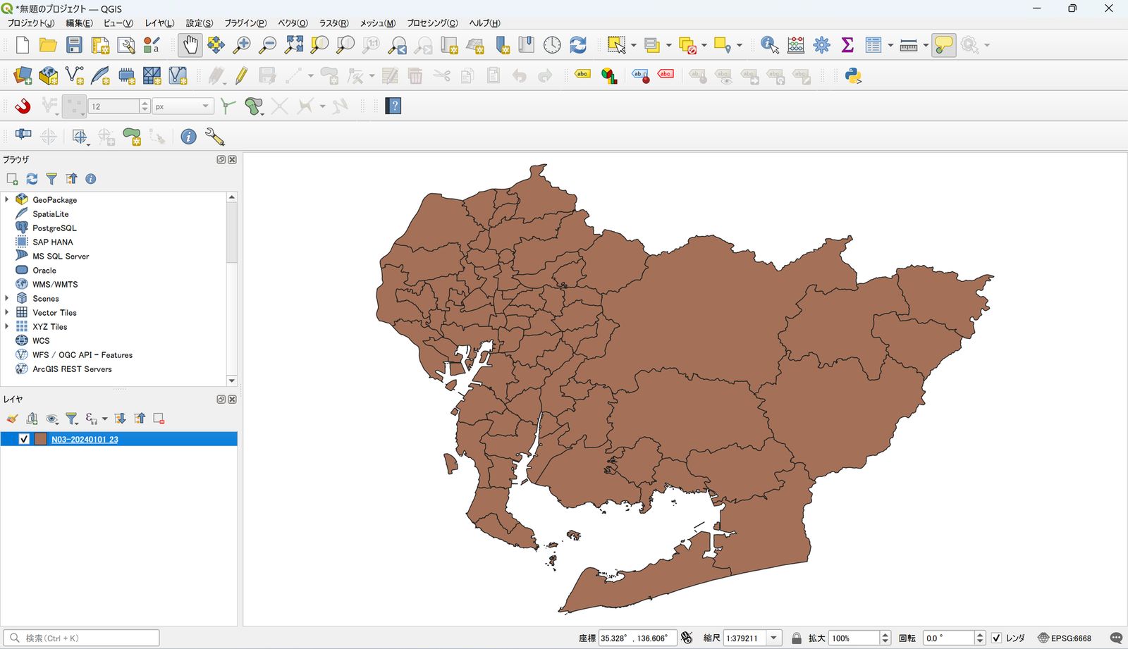 The administrative area data appears on the map canvas (Created by processing “National Land Numerical Information (Administrative Area Data)” (Ministry of Land, Infrastructure, Transport and Tourism))