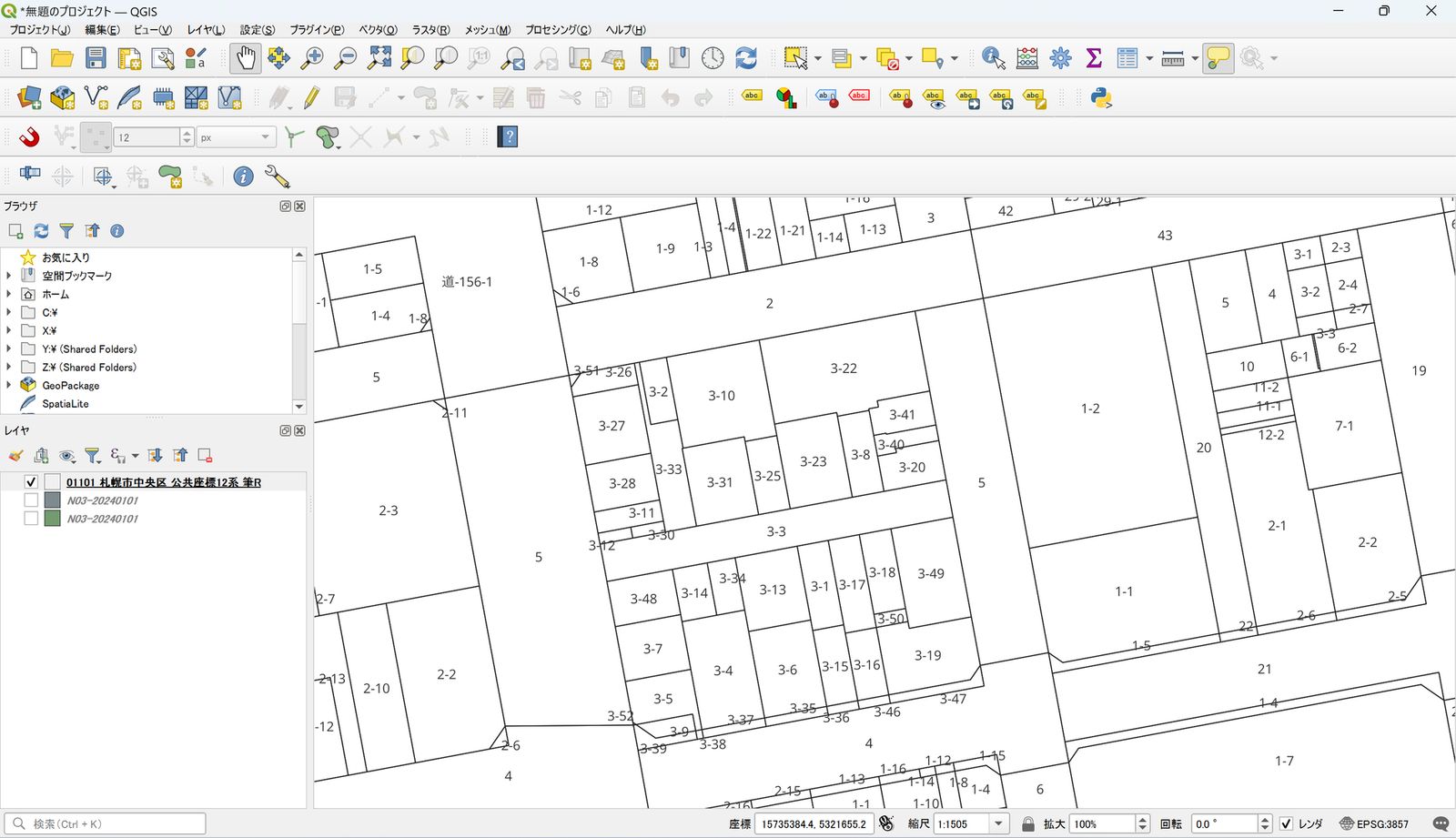 Registry office map data displayed in QGIS (created by processing “Registry Office Data, Sapporo” from the Ministry of Justice)