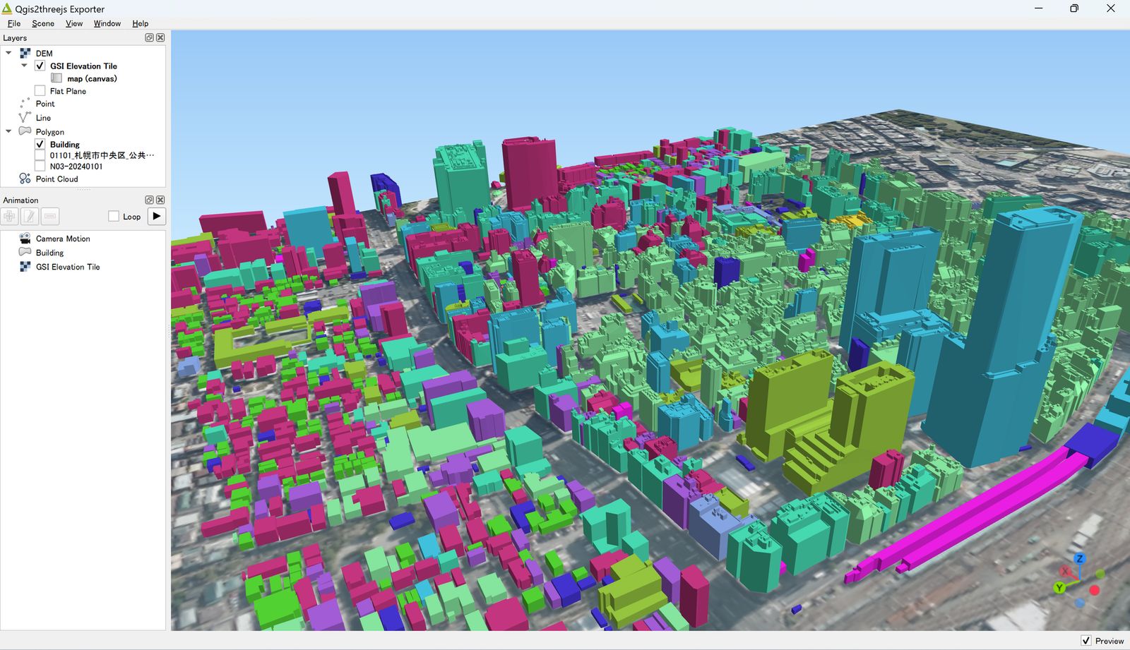 PLATEAU building data colored by building use and displayed in 3D in QGIS (created by processing “3D City Model, Shinjuku Ward (Fiscal Year 2023) Data” from MLIT, over a background of GSI Tiles from the Geospatial Information Authority of Japan (GSI))
