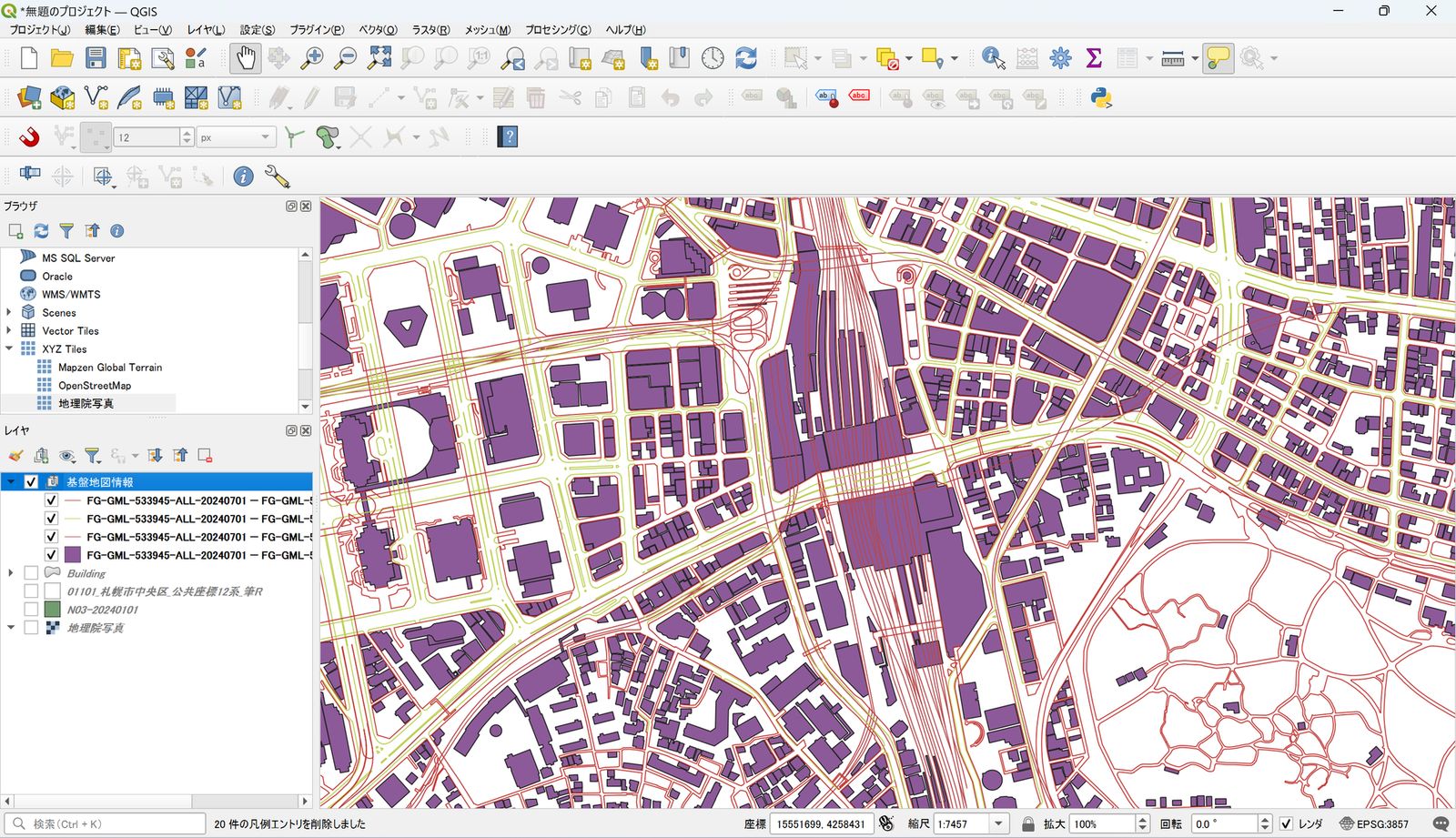 Building outlines, road edges, and railway centerlines displayed in QGIS (created by processing Fundamental Geospatial Data from GSI)