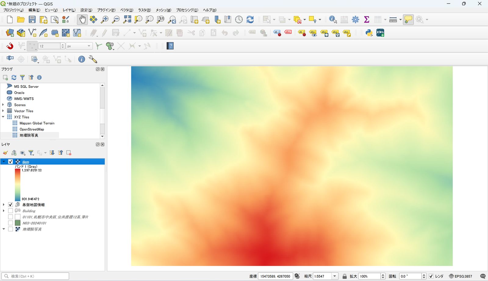 Digital elevation model (DEM) data displayed in QGIS (created by processing Fundamental Geospatial Data from GSI)