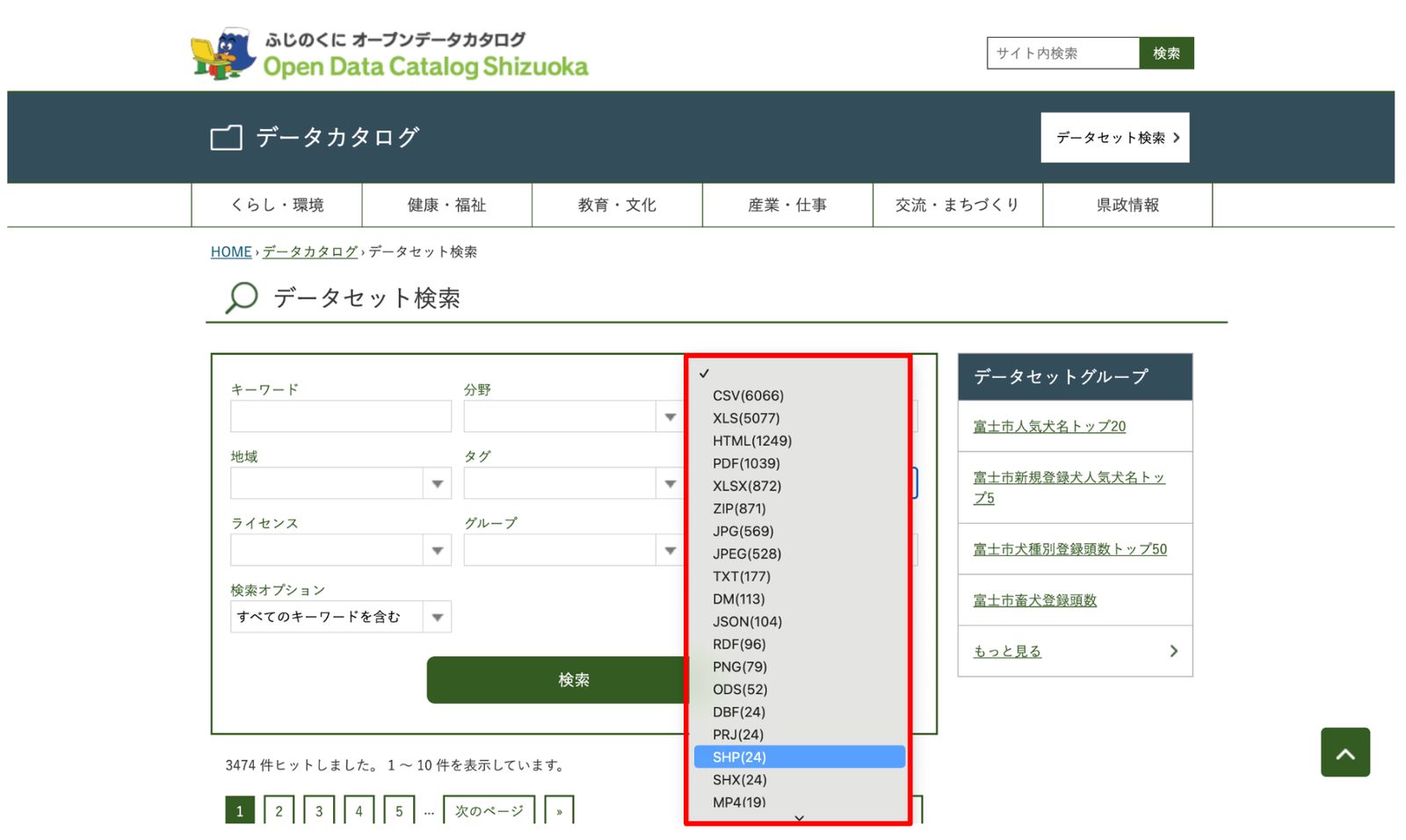 Filtering by format in the dataset search (source: Fujinokuni Open Data Catalog)