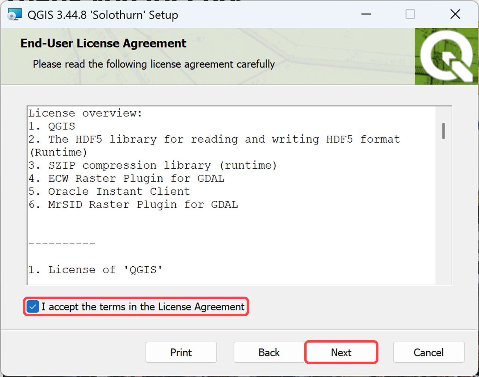 Review the license agreement and click Next