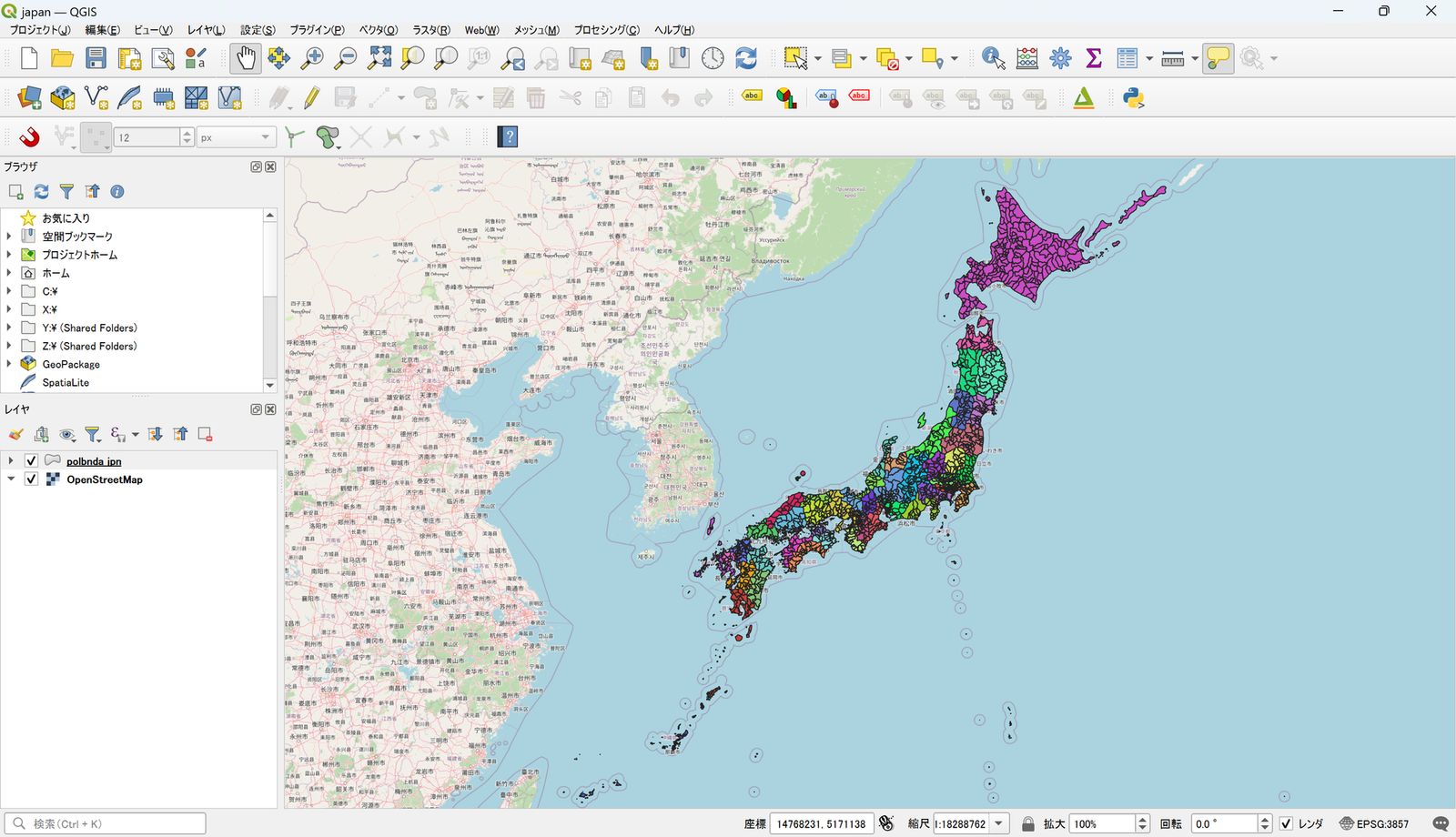 The project is restored to the state it was in when saved. The background is OpenStreetMap, and the map was created by processing Global Map Japan data from GSI. © OpenStreetMap contributors