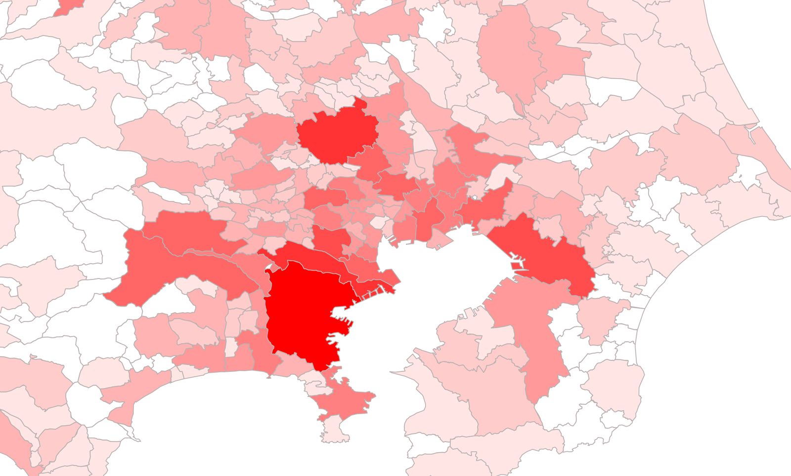 Example of coloring based on population values (created by modifying Global Map Japan from GSI)