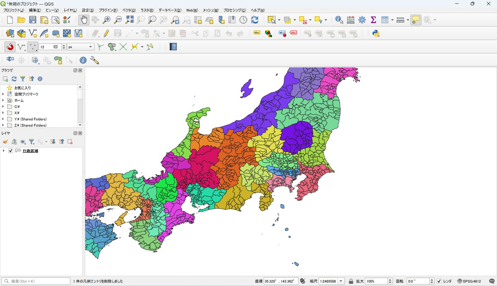 The polygons are colored by prefecture (created by modifying Global Map Japan from GSI)