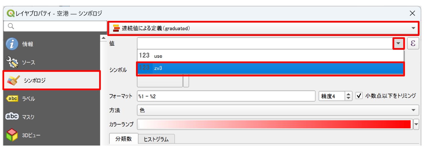 Select Graduated, then select zv3 as the value (created by modifying Global Map Japan from GSI)