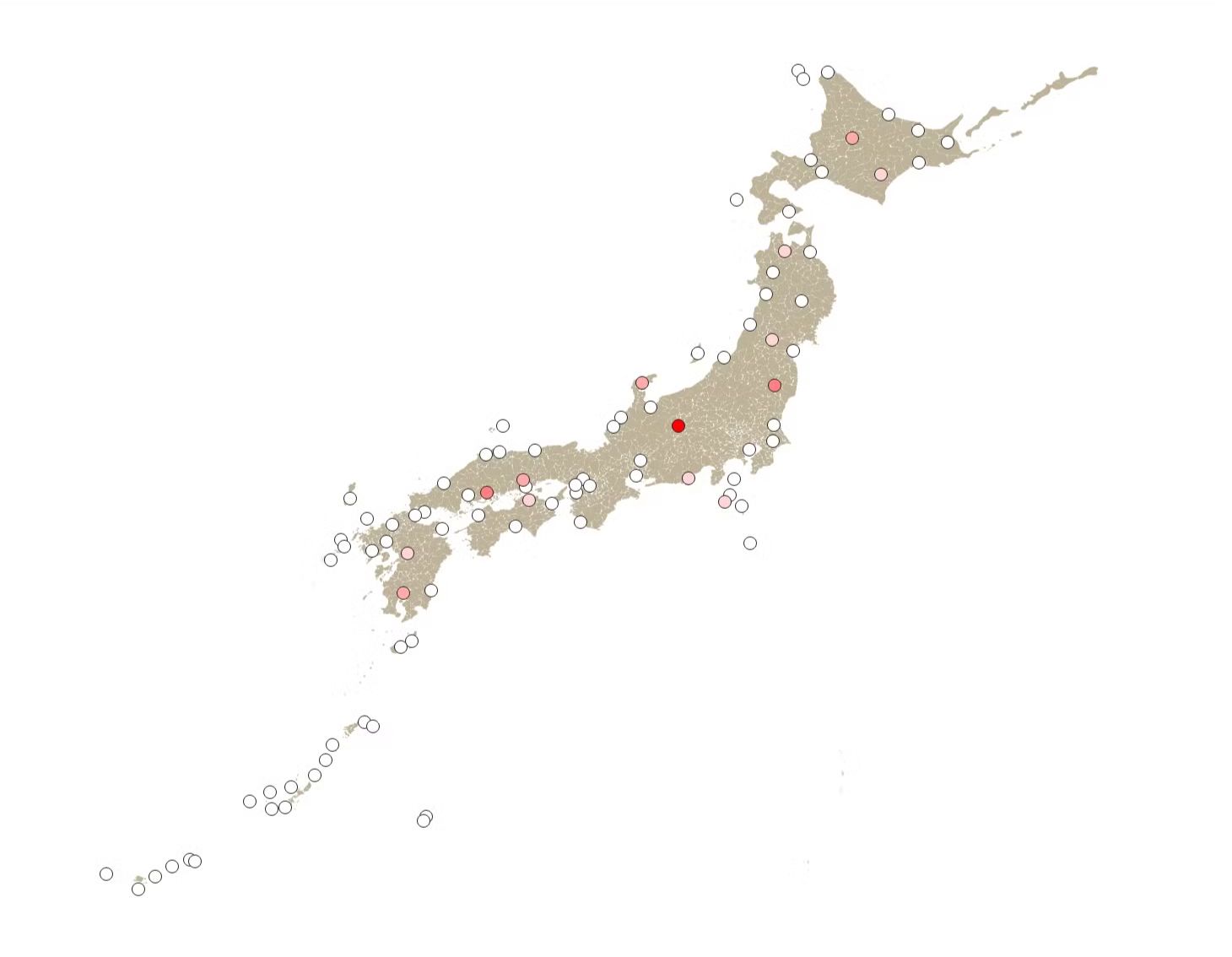 The airport point data is colored according to elevation values (created by modifying Global Map Japan from GSI)