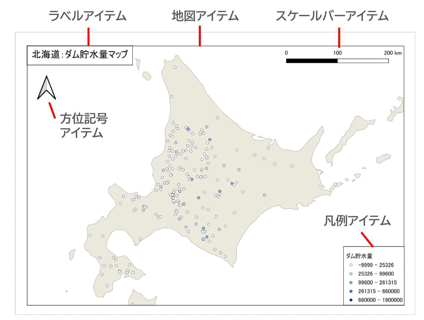 Examples of items in a print layout. Adapted from “National Land Numerical Information (Dam Data)” (Ministry of Land, Infrastructure, Transport and Tourism)