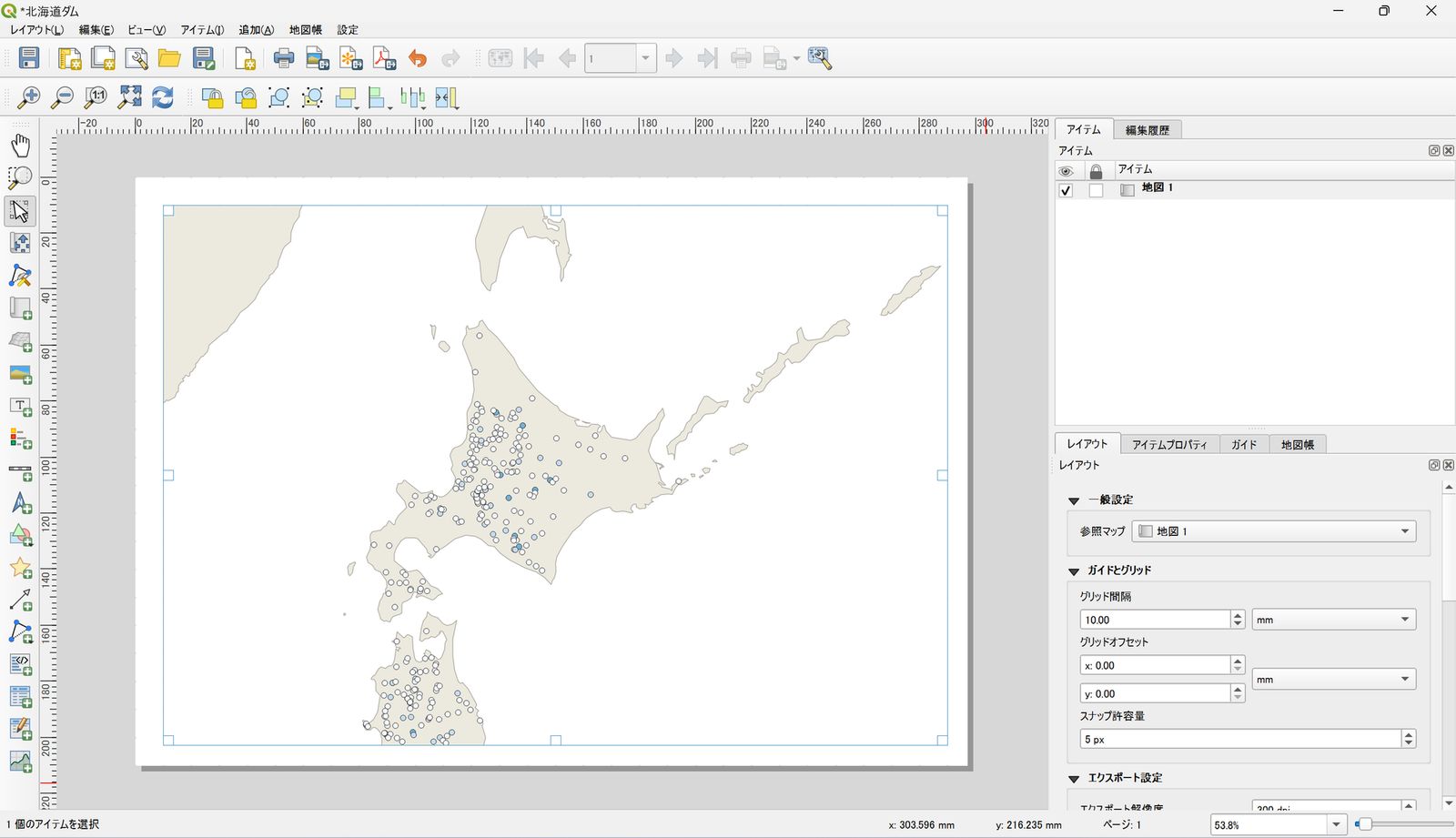 The map item is added to the layout. Adapted from “National Land Numerical Information (Dam Data)” (Ministry of Land, Infrastructure, Transport and Tourism)