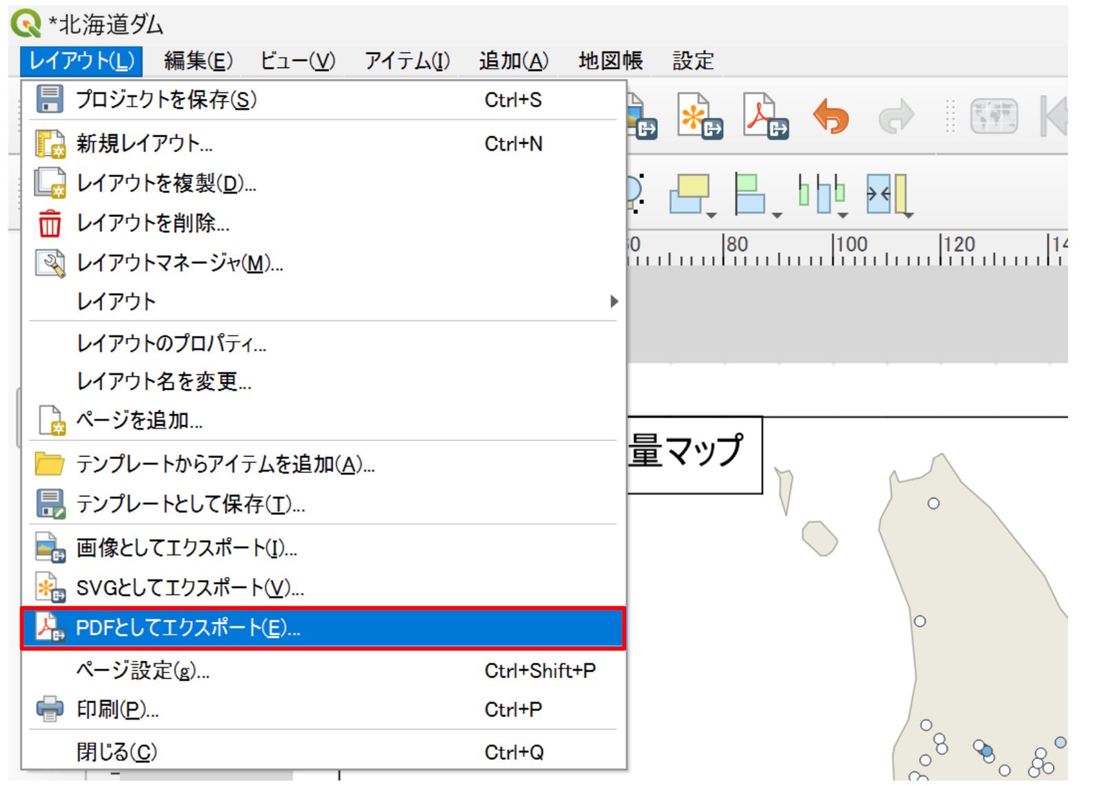 Choose Layout → Export as PDF. Adapted from “National Land Numerical Information (Dam Data)” (Ministry of Land, Infrastructure, Transport and Tourism)