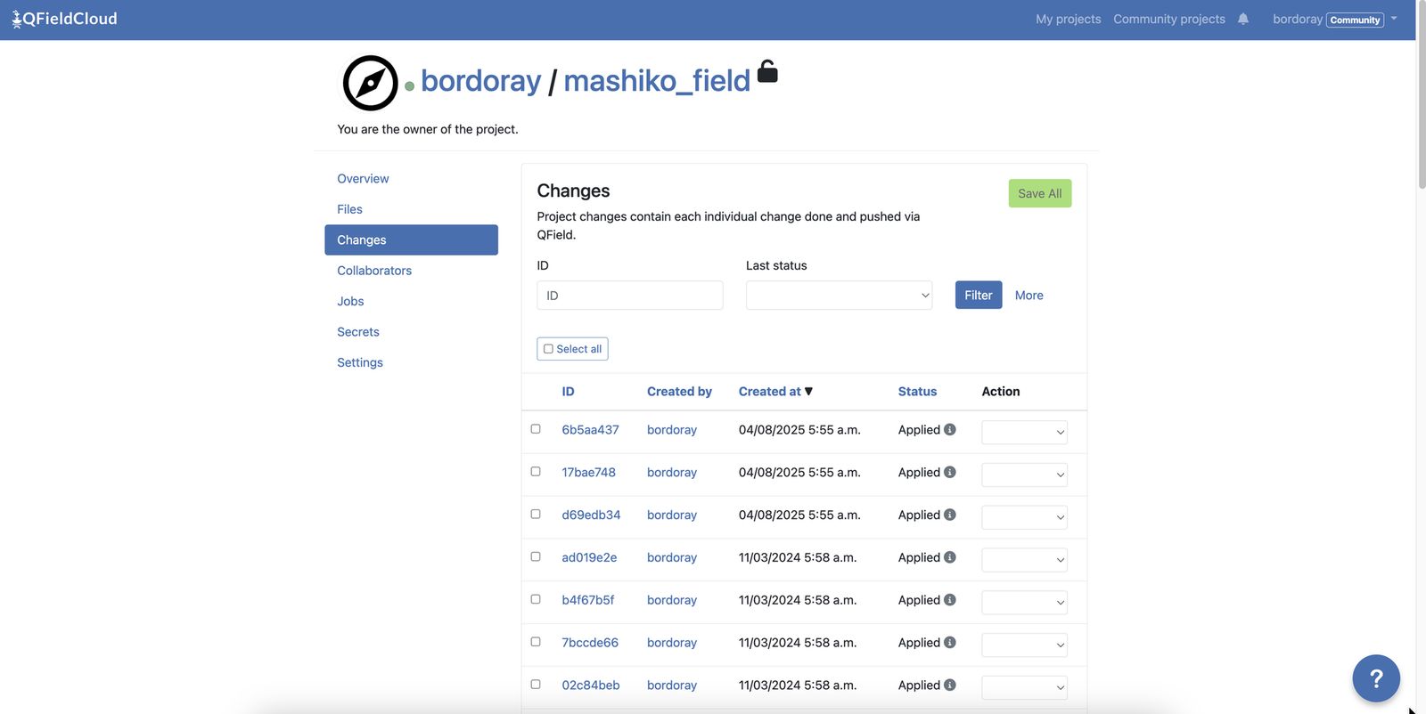The QFieldCloud screen, where you can review the edit history
