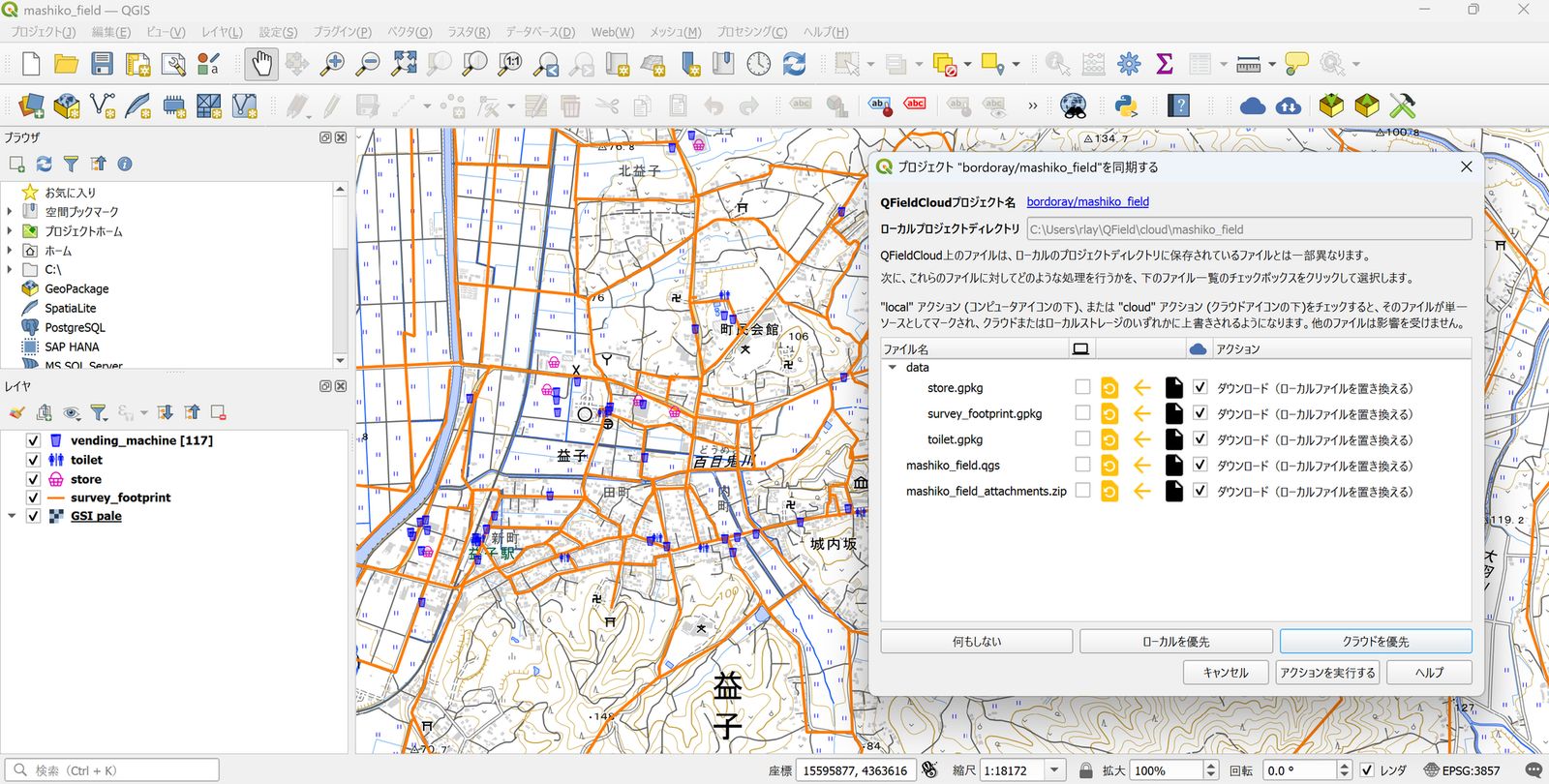 Using the QFieldSync plugin to bring a project into QGIS via QFieldCloud (created by processing GSI Tiles)